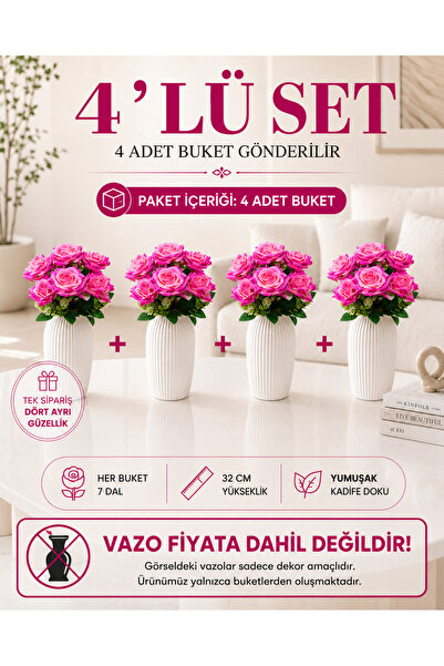 MD Aspiz Flowers 4 باقات من الزهور الاصطناعية، باقة من 7 ورود مخملية وردية فا...