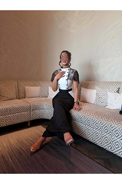 Ayaen Classic Black and White Color Block Long Dress with Buttons and Lace Sl...