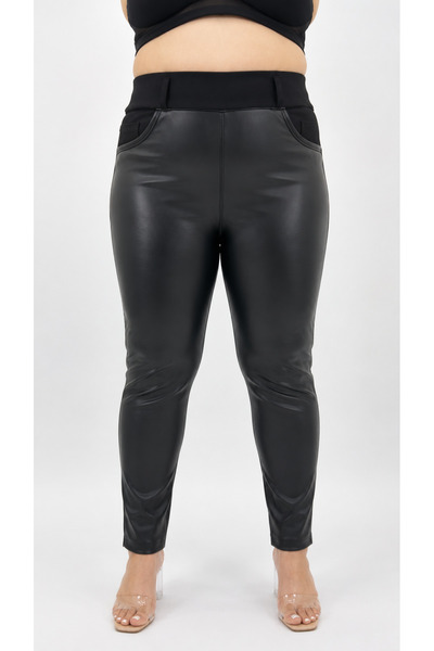 ZANESSİ FASHION Plus Size Knitted Front Leather Detailed Lycra Women's Trousers
