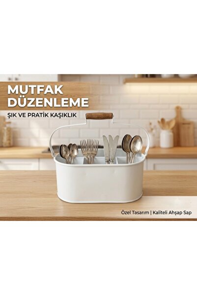 Gerçektrend Countertop 4-Compartment Metal White Decorative Organizer Spoon H...