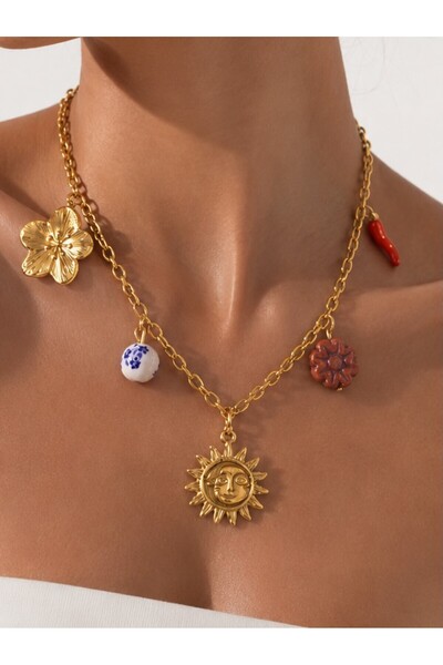 KAYANCLICK Stainless Steel Sun Pendant and Charms Necklace