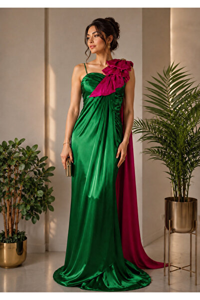 ASIAN Rifan Dress Evening Gown Made of Soft Silk and Satin with Brooch.