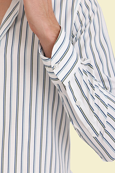 Picuardo Erkek Slim Fit Çizgili Pamukluk Kolay Ütülebilen İtalyan Yaka Gömlek