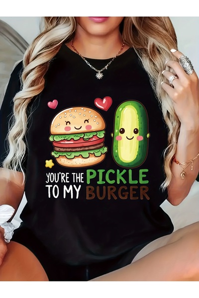 01THEONE Women'S Pickle & Burger Print T-Shirt - Crew Neck Short Sleeve Top, ...