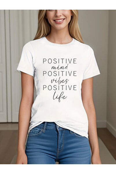 212Wear تي شيرت نسائي كاجوال برقبة دائرية مع رسومات Positive Vibes - أكمام قص...