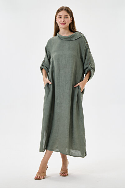 della moor Khaki Italian 100% Linen Degaje Collar Folded Long Sleeve Long Lin...