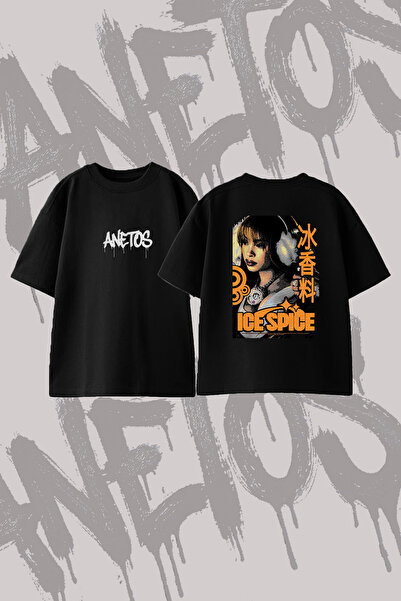 Anetos Ice Spice_12 Design Back Printed Cotton Black Oversize T-Shirt