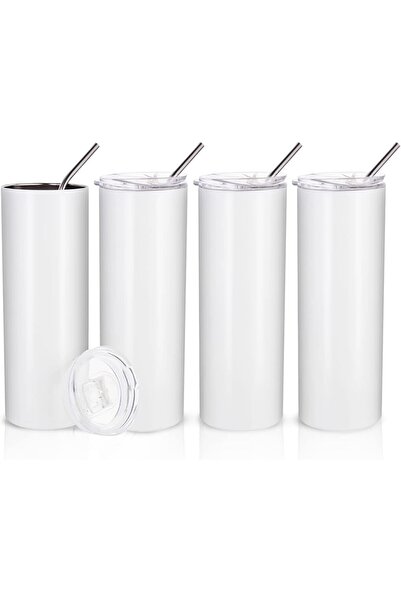 Generic Skinny 20 OZ Straight Stainless Steel White Tumbler with Metal Straw ...
