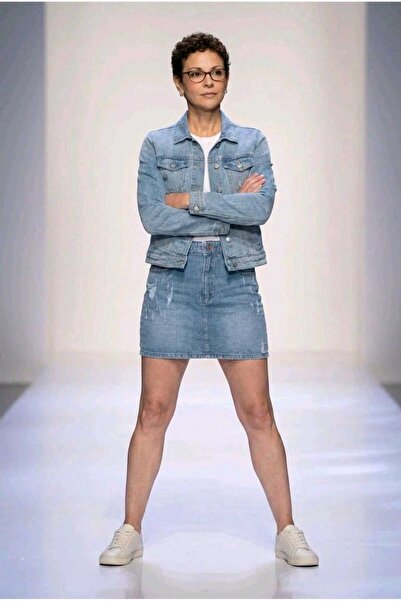 they11 38 cm Blue Laser Cut, Flexible High Waist Ripped Detail Jeans Skirt wi...