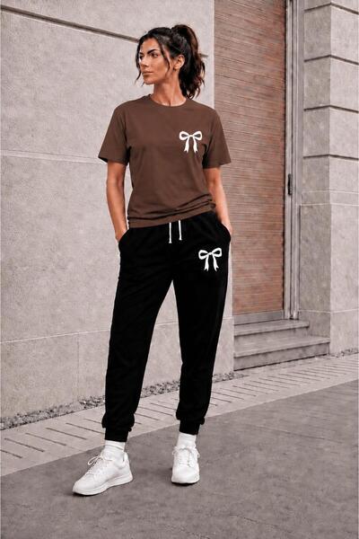 zeag Women's Mini Ribbon Printed Tracksuit T-Shirt Set