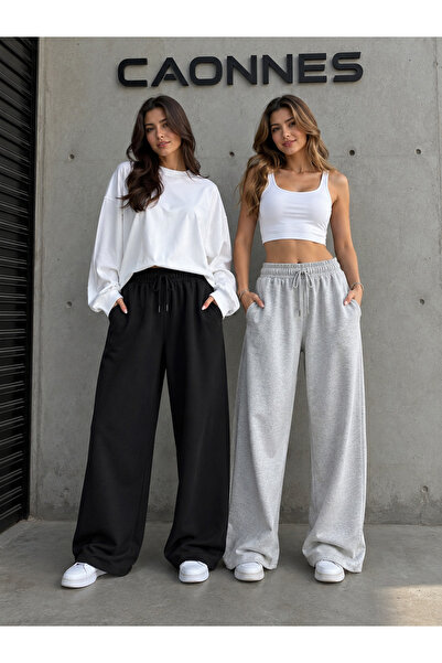 CAONNES 2-Piece Women's Sweatpants (Black-Grey) Oversize Baggy Loose Legs