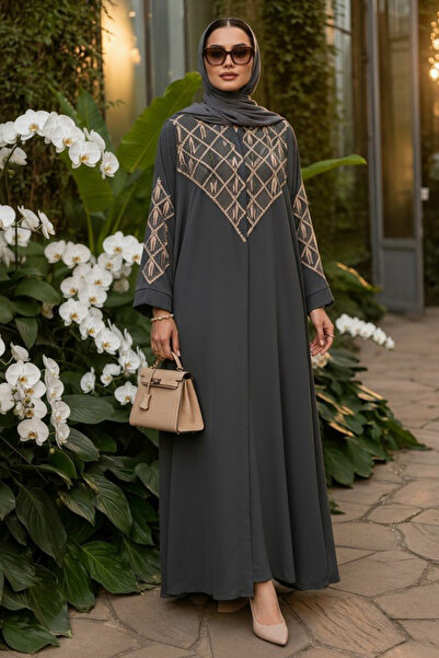 Neva Style V Embroidery Detailed Belted Smoked Hijab Robe 29146Fu