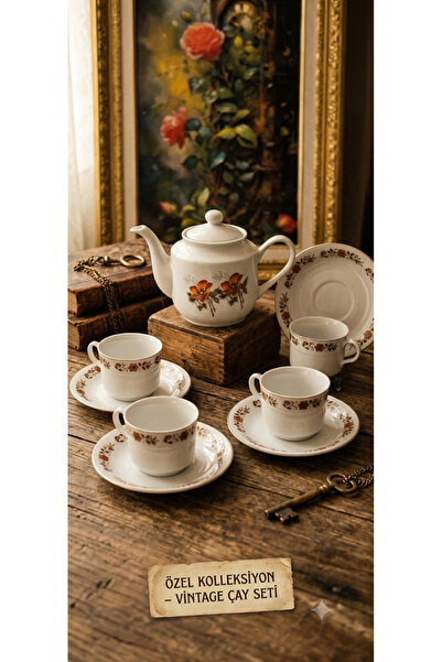 EVVEL ZAMAN ANTİK Vintage Turuncu Çiçek Desenli Porselen Çay & Kahve Seti