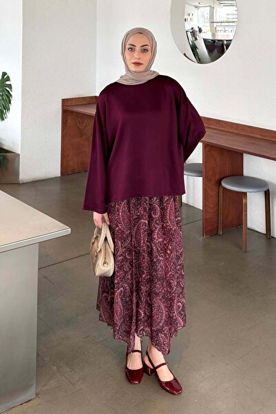 lamelif Sweatshirt with Embroidered Sleeves, Plum Color