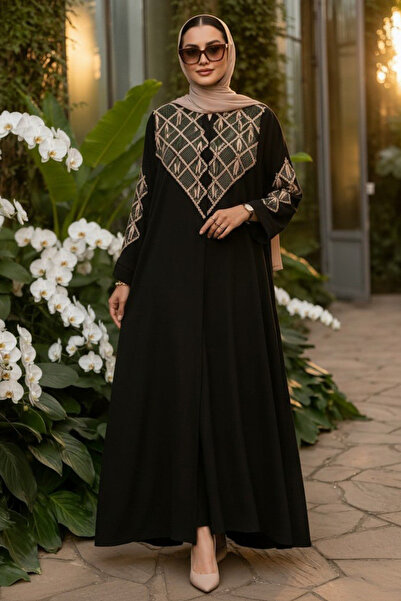 Neva Style V Embroidery Detailed Belted Black Beige Hijab Ferace 29146Sbej