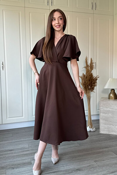Dilay Gökoğlu Butik V-Neck Ruffled Midi Dress with Flounce Sleeves