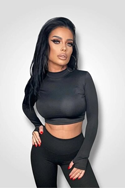 BOMBFIT Bluza Intense Black, scurta, cu maneca lunga Top