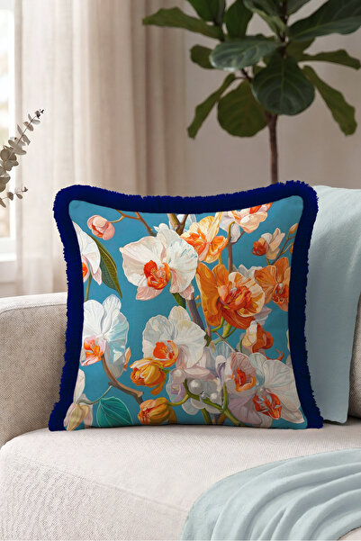 Evimde Bambaşka Exotic Orchid Flower Fringe Pillowcase - Botanical Boho Orang...