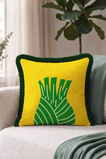 Evimde Bambaşka Tropical Leaf Botanical Fringe Pillowcase-Exotic Natural Yell...