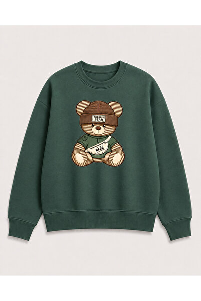 Birdirbir Erkek Çocuk Şapkalı Ayıcık Baskılı Bisiklet Yaka Sweatshirt
