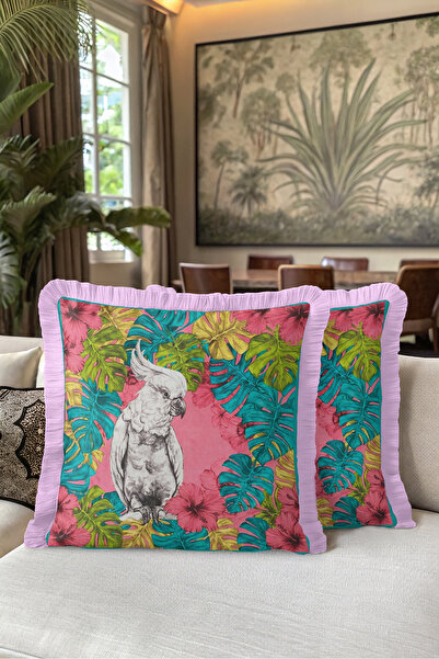 Evimde Bambaşka Tropical Parrot Exotic Floral Fringe Pillowcase - Cockatoo Bo...