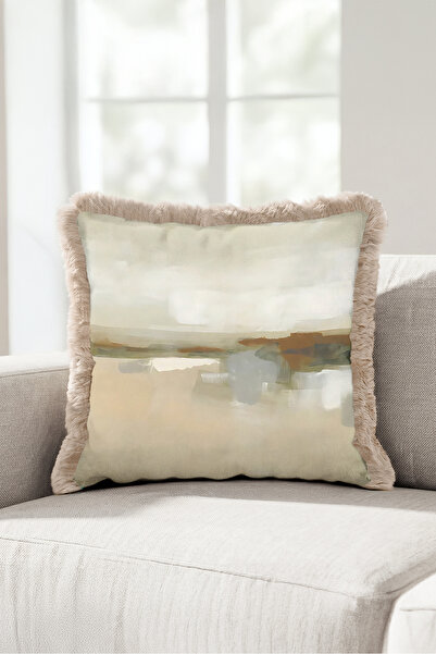 Evimde Bambaşka Abstract Landscape Decorative Fringed Pillowcase - Watercolor...