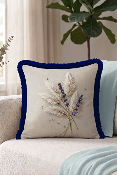 Evimde Bambaşka Boho Lavender Pampas Patterned Fringed Pillowcase-Flower Them...