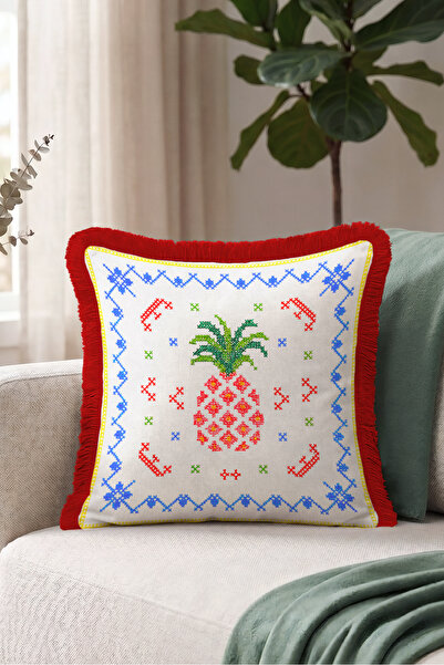 Evimde Bambaşka Pineapple Ethnic Bohemian Fringed Pillowcase - Tropical White...