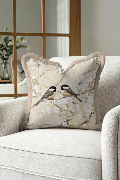 Evimde Bambaşka Beige Elegant Nature Fringed Pillowcase with Birds and Flower...