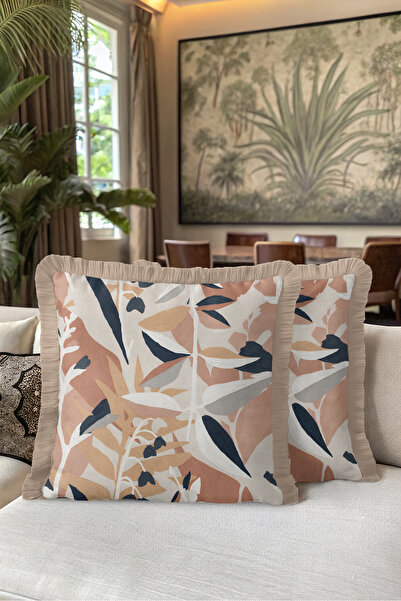Evimde Bambaşka Tropical Leaf Design Fringed Pillowcase - Botanical Salmon Na...
