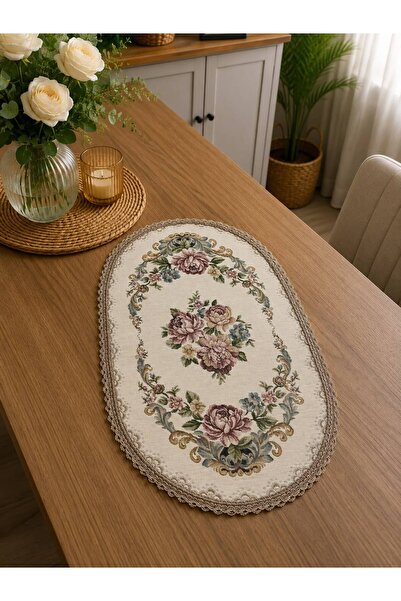 Yeshome Collection Royal Bouquet Şönilli Goblen 40X60 Oval Coffee Table Cover