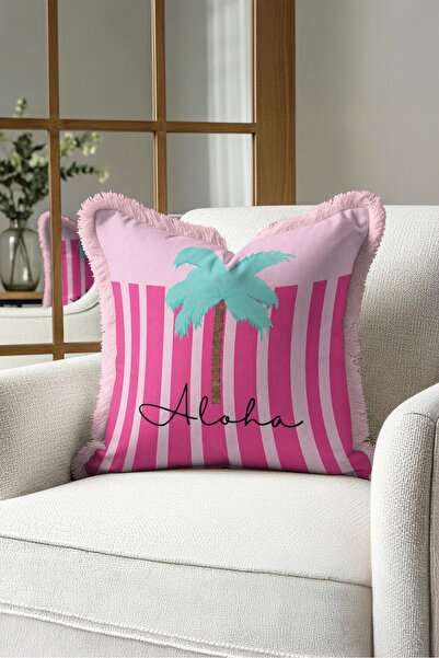 Evimde Bambaşka Față de pernă Aloha Tropical Palm Stripe Fringe - Față de per...