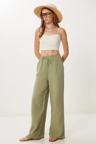 TENA Women's Khaki Elastic Waist Wide Leg Muslin Trousers