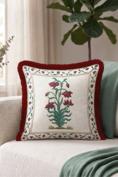 Evimde Bambaşka Față de pernă vintage cu flori, elegantă, cu bordură și franj...