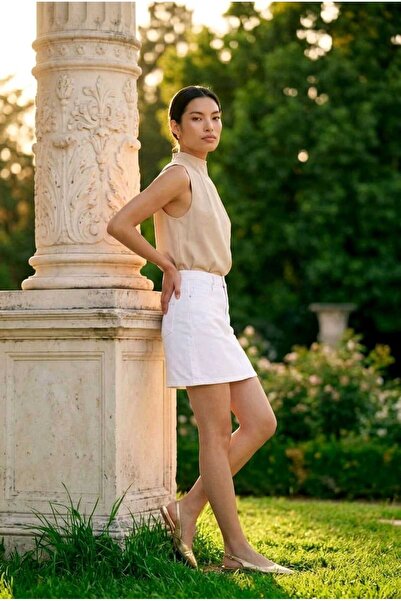 mooishan Raisa White Yırtaçsız Fusta scurtă din denim pentru femei, cu talie ...