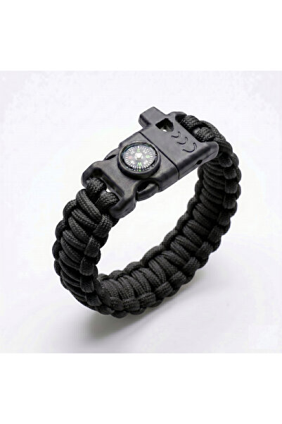 Alpin Paracord Siyah Bushcraft Bileklik - Düdük, Pusula, Ateş Başlatıcı