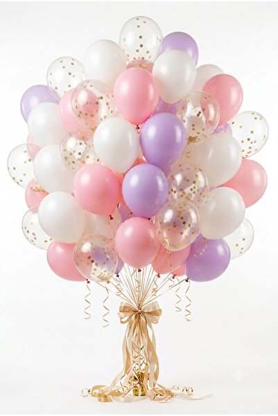 baloss fer Kız Doğum Günü Baby Shower Beyaz Makaron Pembe Lila Gold Konfetili...