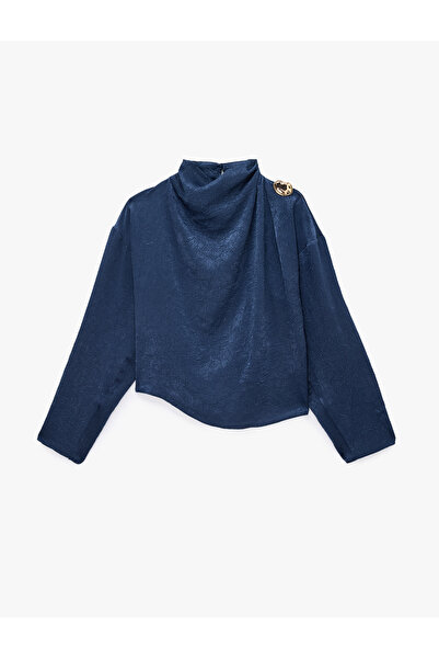 Koton Textured Satin Blouse with Metal Accessories, Draped High Collar, Long ...