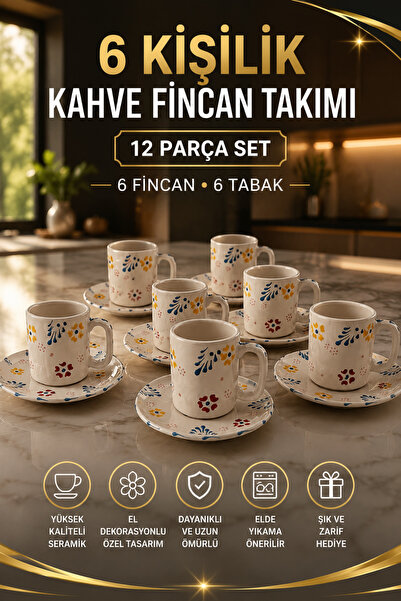 L'eDoren Seramik 12 Parça El Dekorlu Kabartma Desenli Türk Kahvesi Fincan Tak...