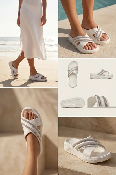 Liarca Shiny Lumina - Stoned Cross-Strapped Thick-Soled Lightweight Eva White Women's Slippers - Casual Settings, P