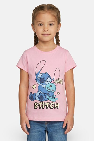 Disney Kids Girl Crew Neck Short Sleeve Lilo And Stitch Print T-Shirt, Pink
