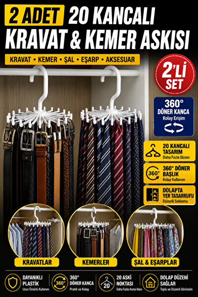 Hane Dostu 2 Adet 20 Kancalı Kravat ve Kemer Askısı 360° Döner Dolap Düzenley...