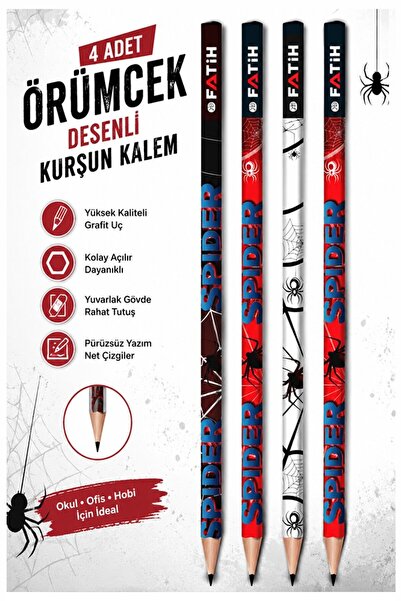 Artlantis Örümcek Kurşun Kalem 4 Adet Fatih Yuvarlak Gövdeli Siyah Kurşun Kal...