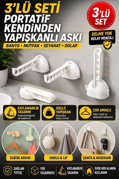 Hane Dostu 3 Adet Portatif Kendinden Yapışkanlı Askı Katlanabilir Duvar Askıs...