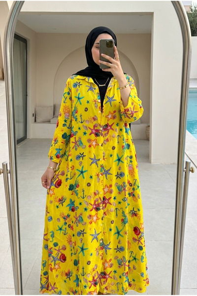 Kirazca Butik Women's Botanical Patterned Flounced Long Hijab Dress (Unlined)