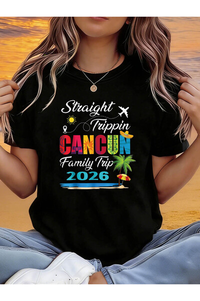 12 HERTZ تي شيرت Straight Trippin CANCUN Family Trip 2026 مطبوع عليه حروف، قم...
