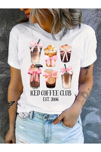NOURAM Ice Coffee Club Pink Printed T-Shirt with a Bow