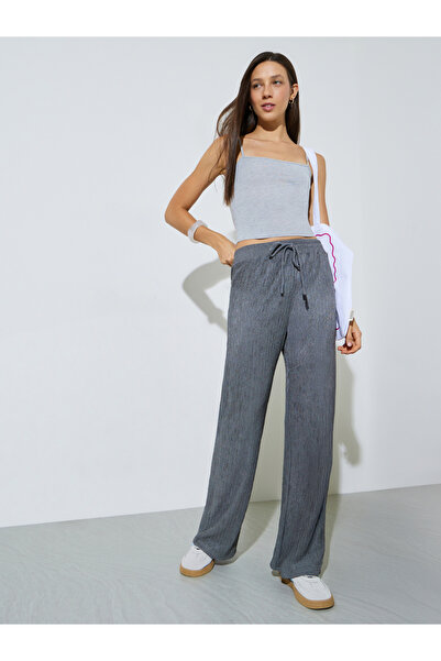 Styli Grey Textured Wide Leg Drawstring Pants
