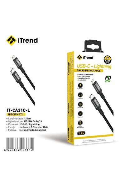 itrend Cablu USB-C la Lightning iTrend, 1.2 m, Încărcare Rapidă PD 27W, Mater...