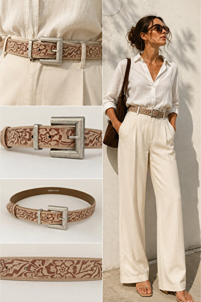DERİMAY Women's Embossed Floral Patterned Vintage 3 cm Belt, Antique Silver B...